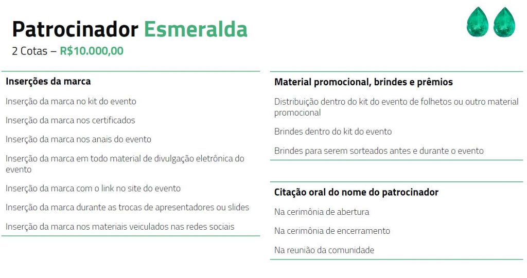 Tabela descritiva dos benefícios para patrocinadores esmeralda