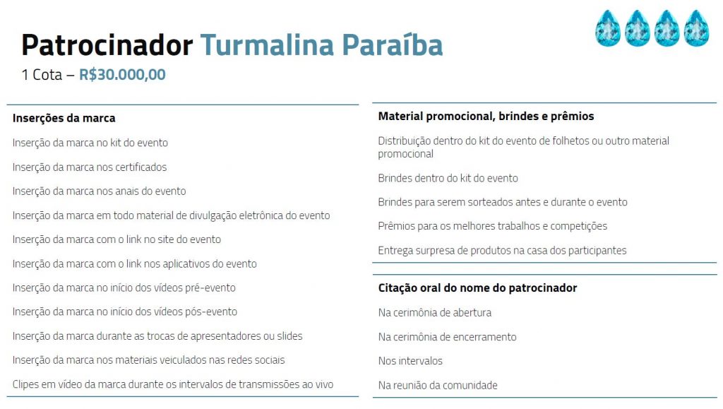 Tabela descritiva dos benefícios para patrocinadores turmalina paraiba