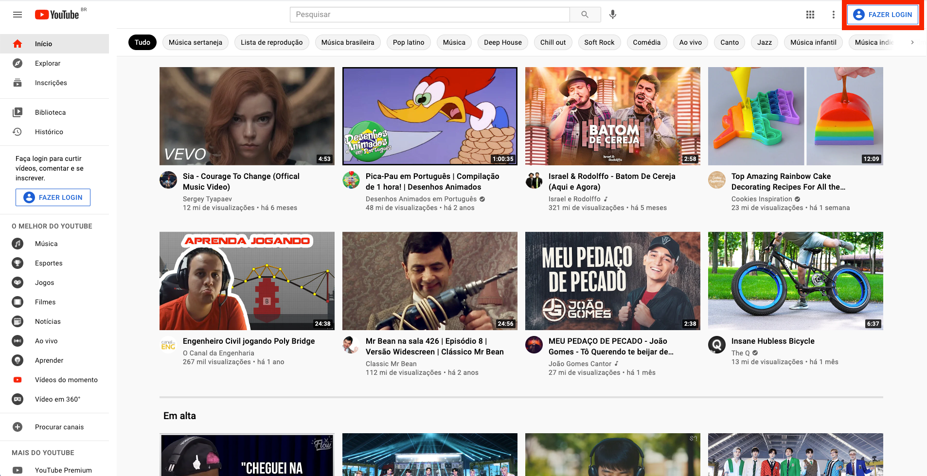 Captura de tela do YouTube. Página inicial com botão 'Fazer login' destacado por uma borda vermelha. O botão está posicionado na área superior direita da tela